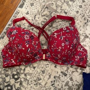 Red front clasp racer back bra